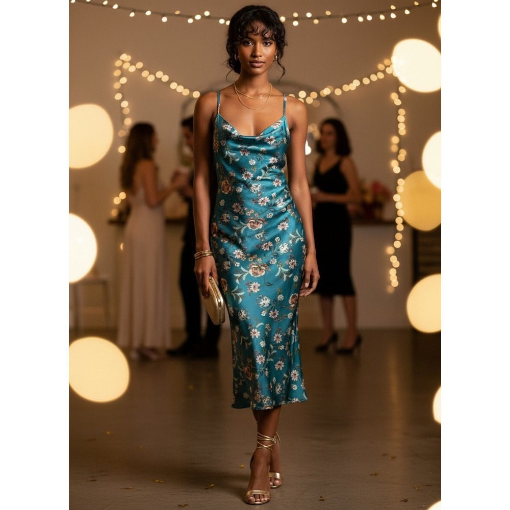 Floral Cowl Neck Dress Womens M Teal Blue Excellent Midi Slip Dress
